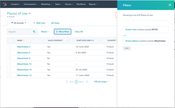 HubSpotin custom objekteja voidaa filtteröidä listoissa ja muissa näkymissä
