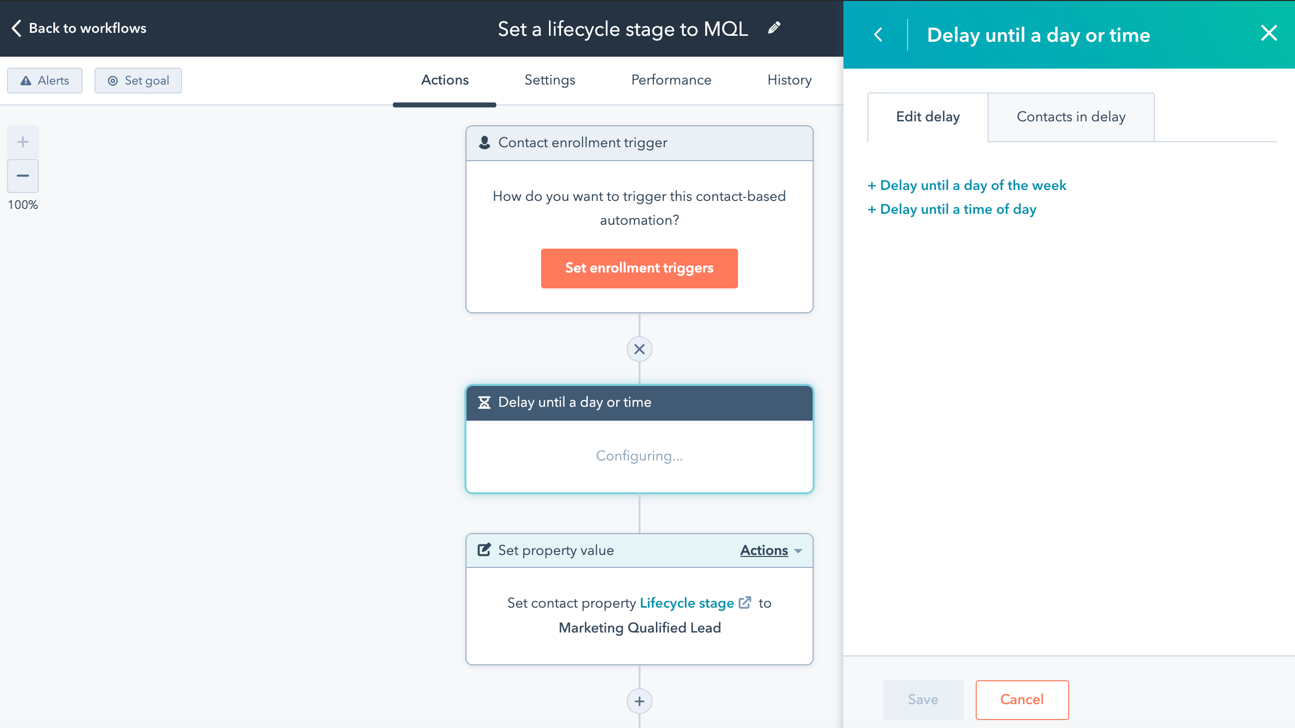 HubSpotin "delay until" -toiminto