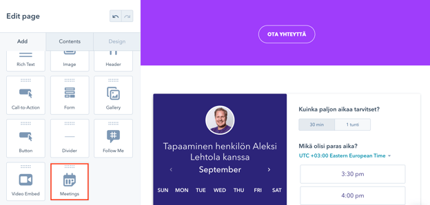 Liitä meetings-näkymiä suoraan sivueditorissa.