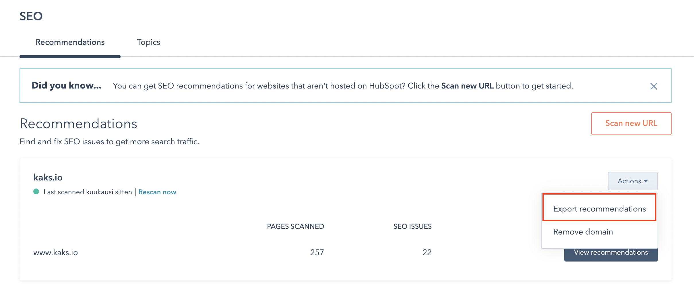 Export recommendations from SEO - hubspot updates june 21