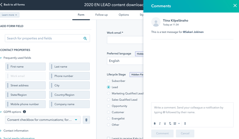 Commenting on forms in HubSpot