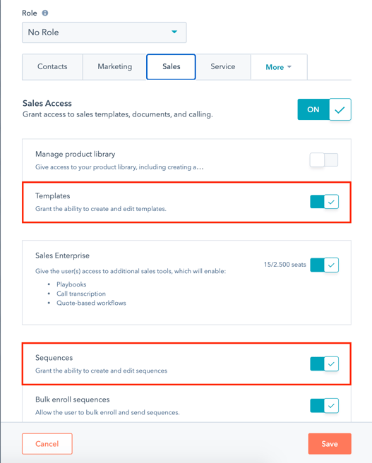 Edit user permissions to manage templates and sequences in HubSpot