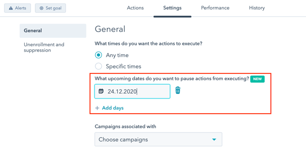 Exclude dates when the actions should not activate in hubSpot workflows