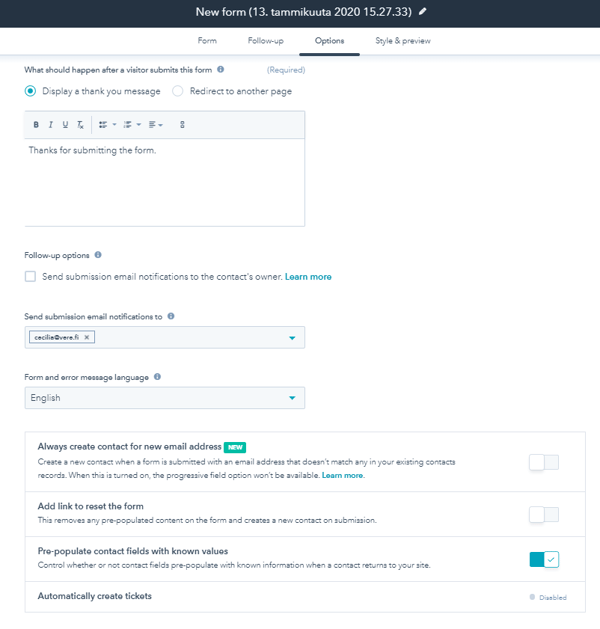 Options for your form